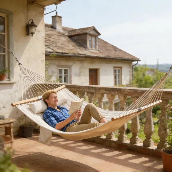 Aeelleea Double Hammock 128in, Portable Fabric Hammock with Spreader Bar & Pillow, Outdoor Swing Bed for Patio Balcony Garden Backyard