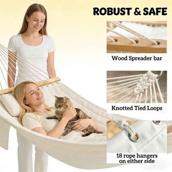 Aeelleea Double Hammock 128in, Portable Fabric Hammock with Spreader Bar & Pillow, Outdoor Swing Bed for Patio Balcony Garden Backyard