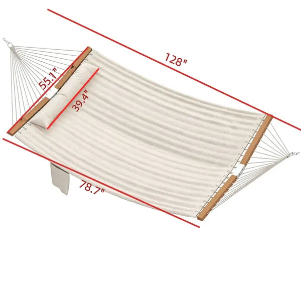 Aeelleea Double Hammock 128in, Portable Fabric Hammock with Spreader Bar & Pillow, Outdoor Swing Bed for Patio Balcony Garden Backyard