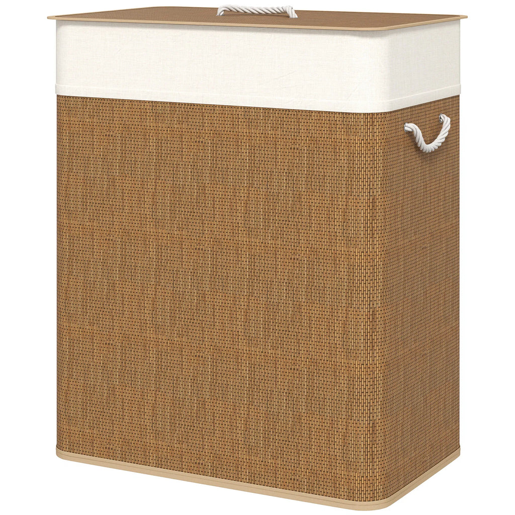 Bamboo Double Compartment Laundry Hamper 26.4 Gal with Lid, Removable Liner & Rope Handles for Home Laundry Storage