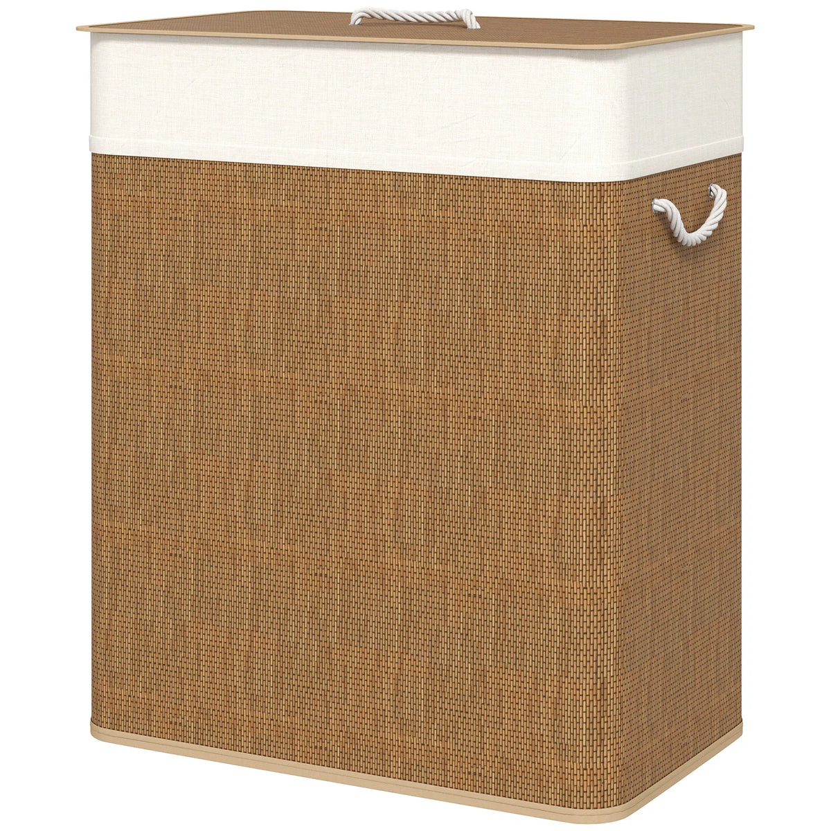 Bamboo Double Compartment Laundry Hamper 26.4 Gal with Lid, Removable Liner & Rope Handles for Home Laundry Storage