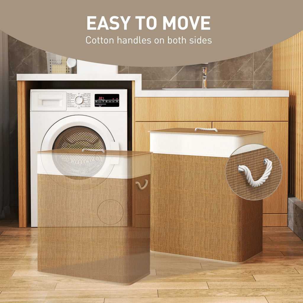 Bamboo Double Compartment Laundry Hamper 26.4 Gal with Lid, Removable Liner & Rope Handles for Home Laundry Storage