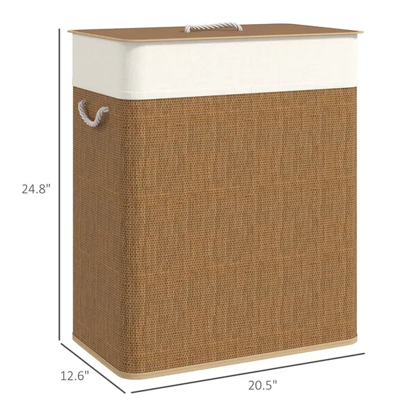Double Compartment Bamboo Laundry Hamper with Lid, 26.4 Gallon Brown Laundry Basket with Rope Handles & Removable Liner