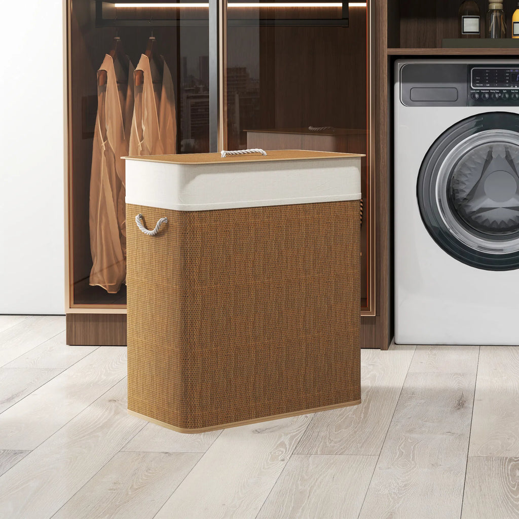 Bamboo Double Compartment Laundry Hamper 26.4 Gal with Lid, Removable Liner & Rope Handles for Home Laundry Storage