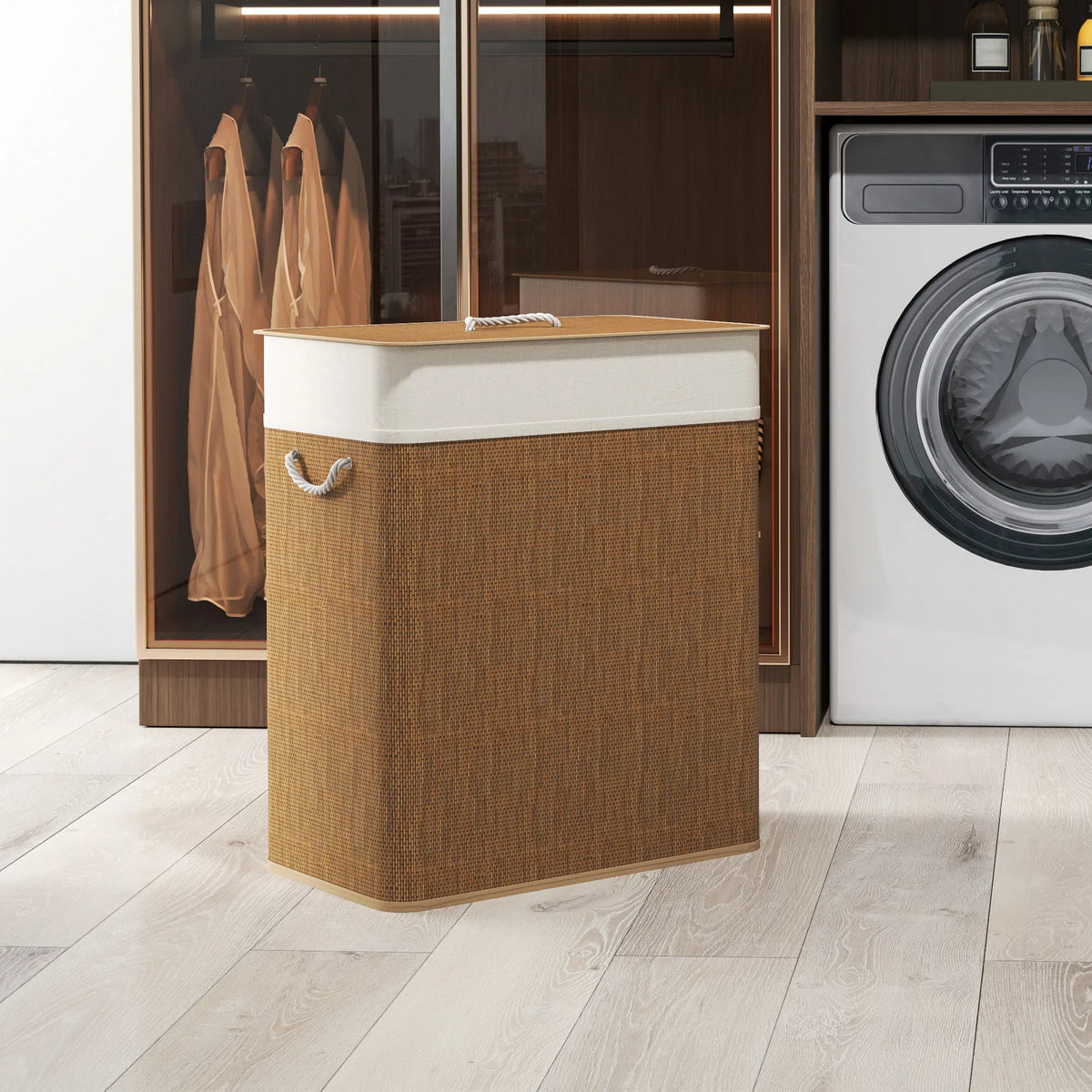 Bamboo Double Compartment Laundry Hamper 26.4 Gal with Lid, Removable Liner & Rope Handles for Home Laundry Storage