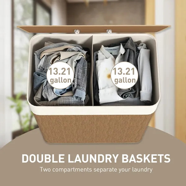 Double Compartment Bamboo Laundry Hamper with Lid, 26.4 Gallon Brown Laundry Basket with Rope Handles & Removable Liner