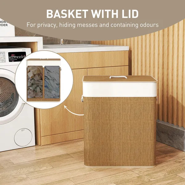 Double Compartment Bamboo Laundry Hamper with Lid, 26.4 Gallon Brown Laundry Basket with Rope Handles & Removable Liner