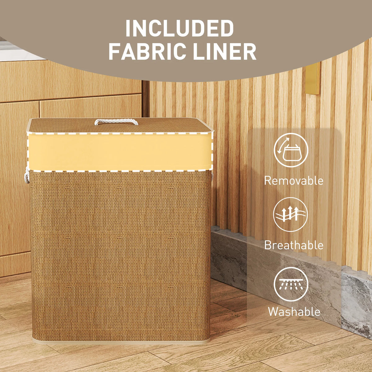 Bamboo Double Compartment Laundry Hamper 26.4 Gal with Lid, Removable Liner & Rope Handles for Home Laundry Storage