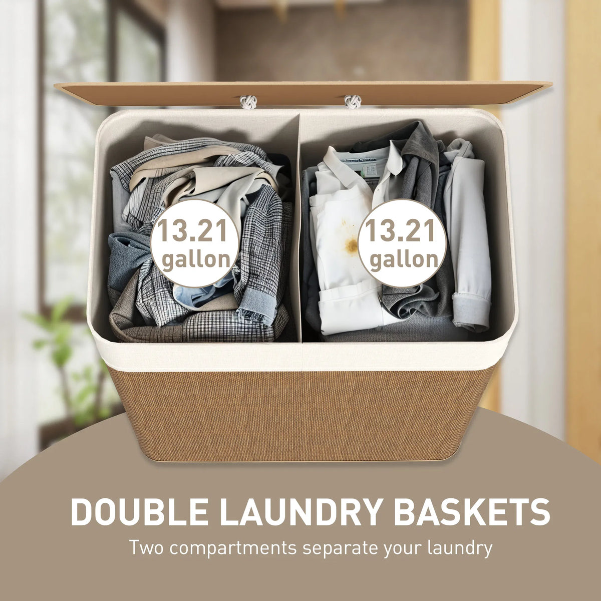Bamboo Double Compartment Laundry Hamper 26.4 Gal with Lid, Removable Liner & Rope Handles for Home Laundry Storage
