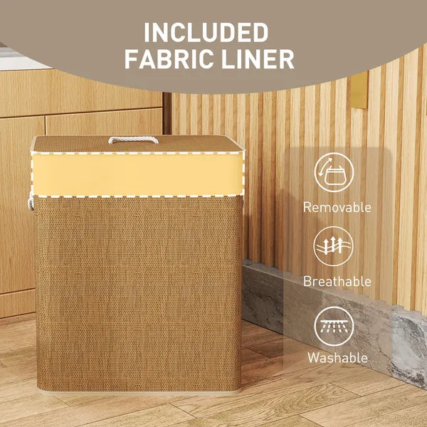 Double Compartment Bamboo Laundry Hamper with Lid, 26.4 Gallon Brown Laundry Basket with Rope Handles & Removable Liner