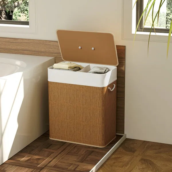 Double Compartment Bamboo Laundry Hamper with Lid, 26.4 Gallon Brown Laundry Basket with Rope Handles & Removable Liner