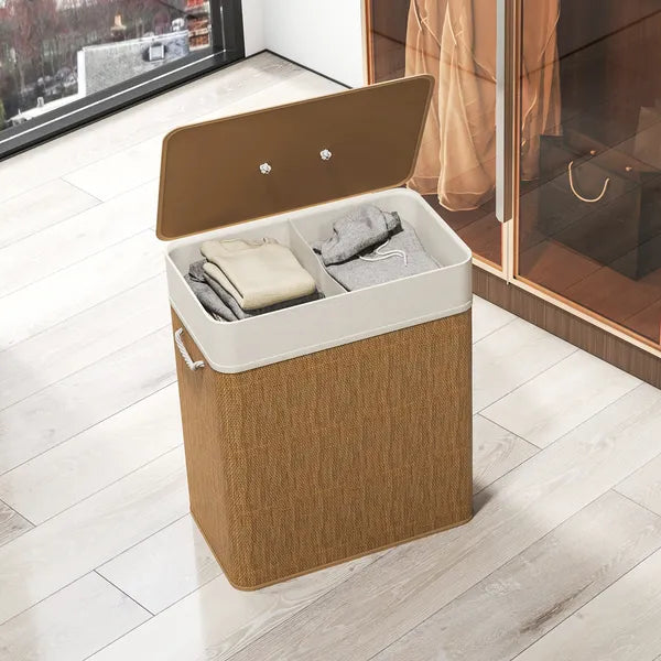 Double Compartment Bamboo Laundry Hamper with Lid, 26.4 Gallon Brown Laundry Basket with Rope Handles & Removable Liner
