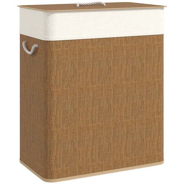 Double Compartment Bamboo Laundry Hamper with Lid, 26.4 Gallon Brown Laundry Basket with Rope Handles & Removable Liner