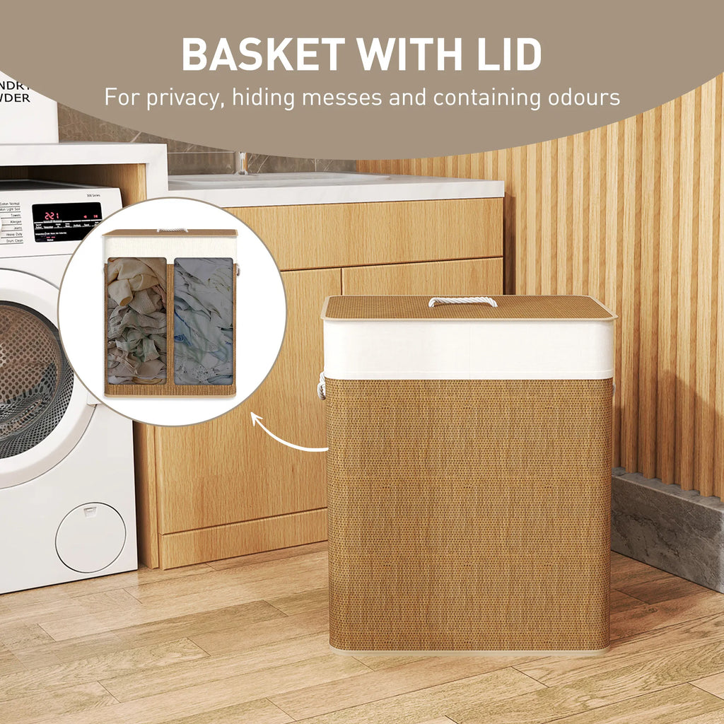 Bamboo Double Compartment Laundry Hamper 26.4 Gal with Lid, Removable Liner & Rope Handles for Home Laundry Storage