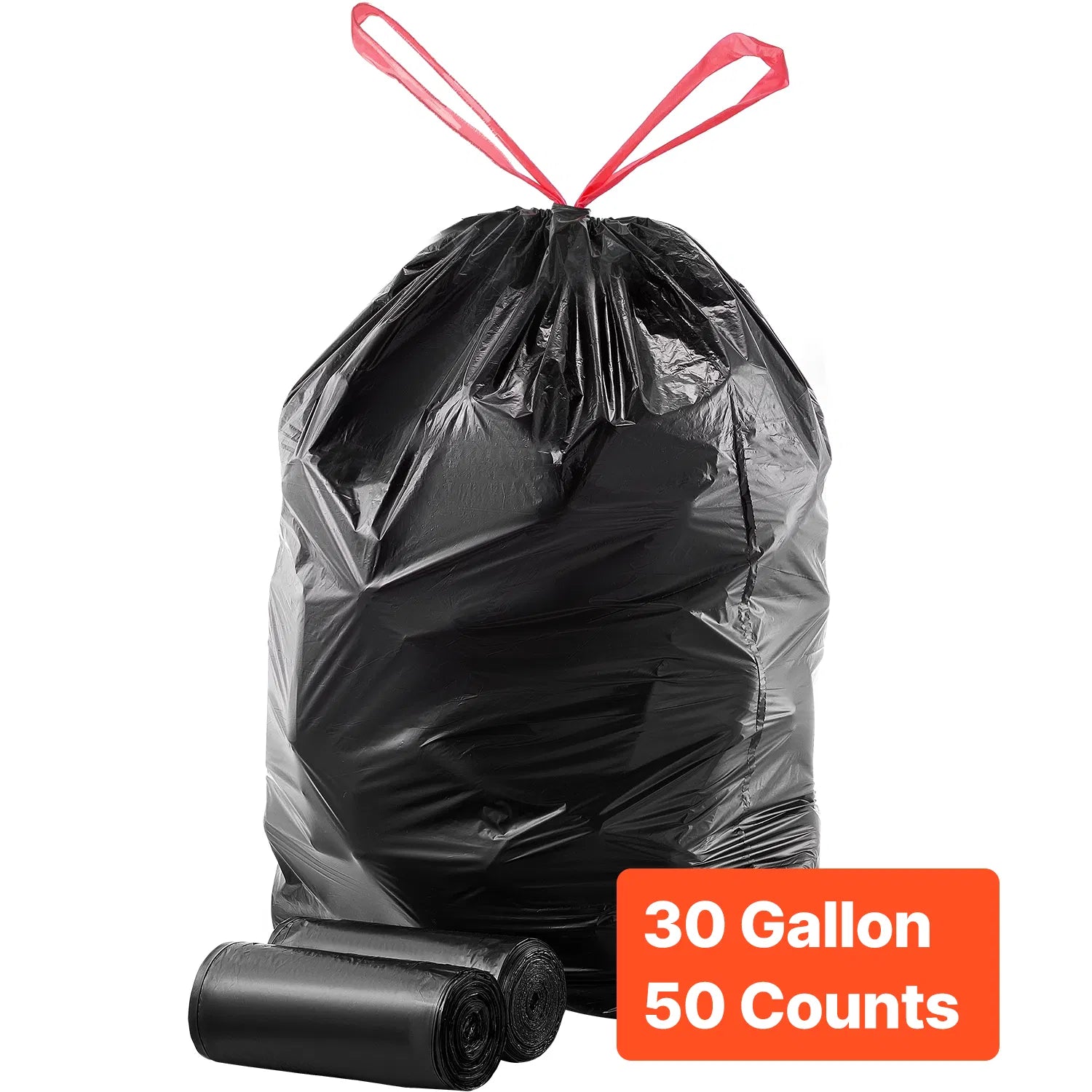 30 Gallon Drawstring Trash Bags, 50 Count, 0.98 Mil Tall Kitchen Garbage Bags - Black