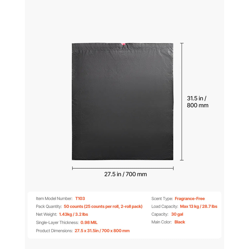 30 Gallon Drawstring Trash Bags, 50 Count, 0.98 Mil Tall Kitchen Garbage Bags - Black
