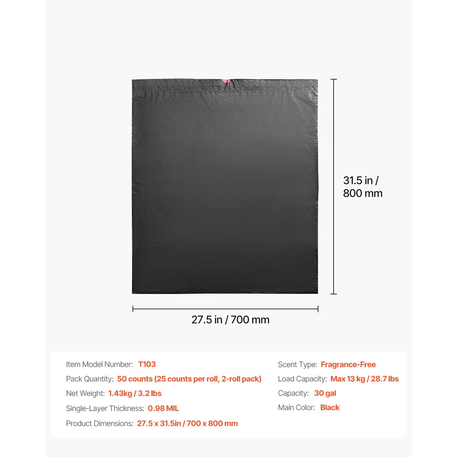 30 Gallon Drawstring Trash Bags, 50 Count, 0.98 Mil Tall Kitchen Garbage Bags - Black