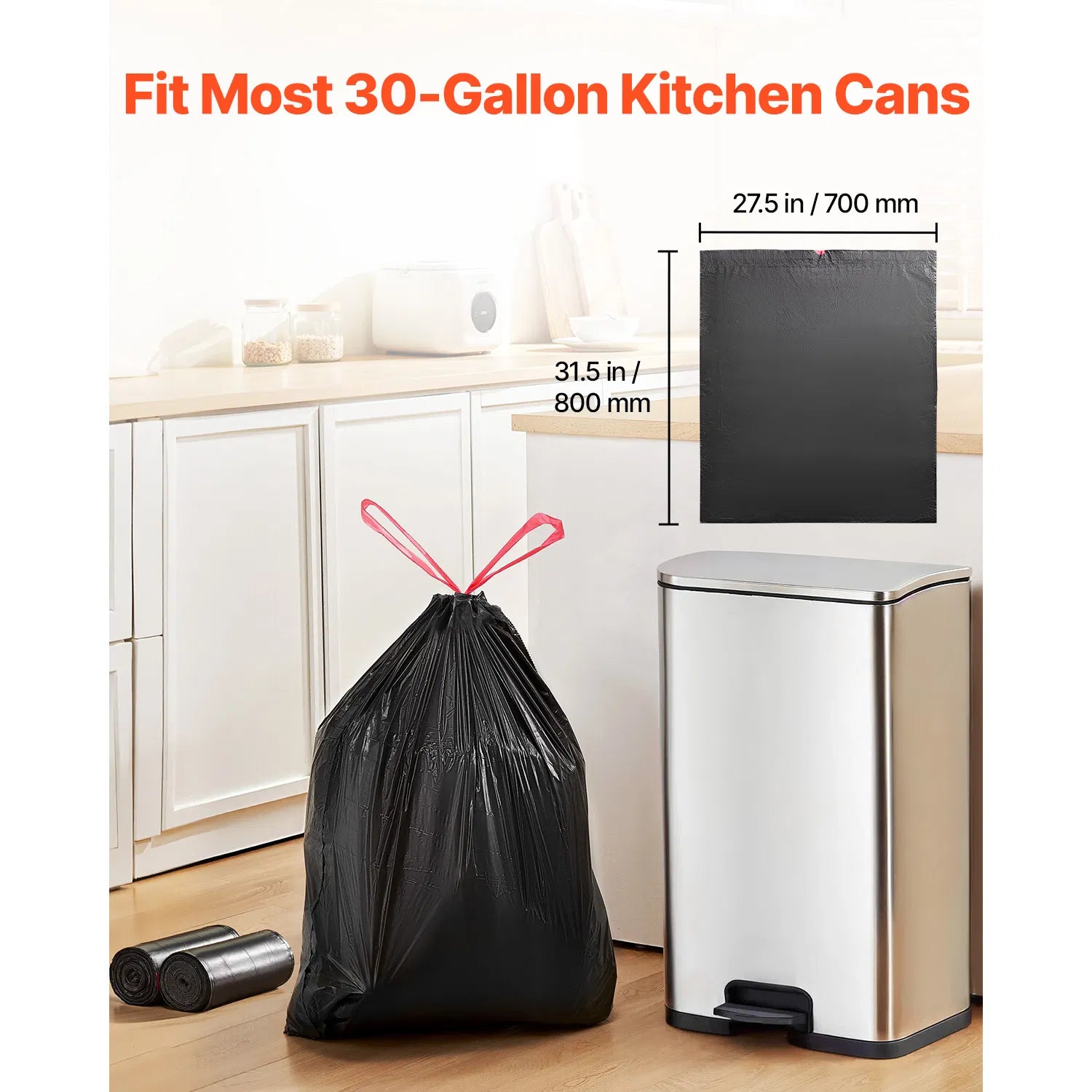 30 Gallon Drawstring Trash Bags, 50 Count, 0.98 Mil Tall Kitchen Garbage Bags - Black