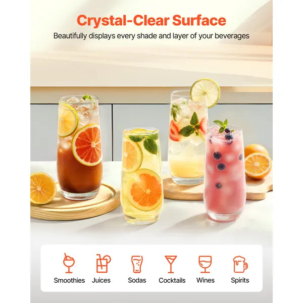 16-Piece Lead-Free Crystal Drinking Glasses Set, Clear Tumbler Cups, Dishwasher Safe, For Water, Juice, Cocktail, Home Bar & Party`