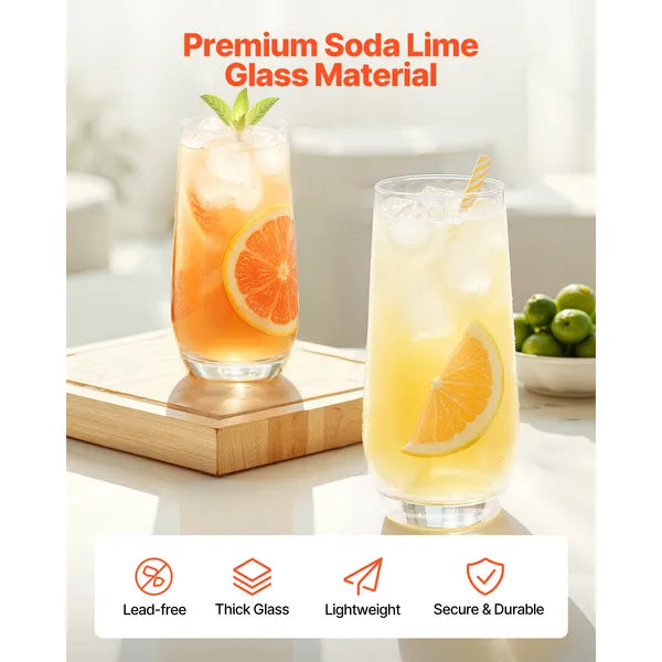 16-Piece Lead-Free Crystal Drinking Glasses Set, Clear Tumbler Cups, Dishwasher Safe, For Water, Juice, Cocktail, Home Bar & Party`