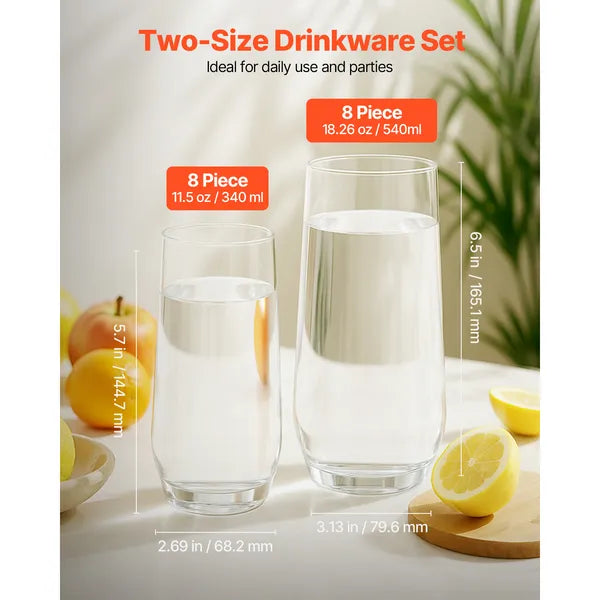 16-Piece Lead-Free Crystal Drinking Glasses Set, Clear Tumbler Cups, Dishwasher Safe, For Water, Juice, Cocktail, Home Bar & Party`