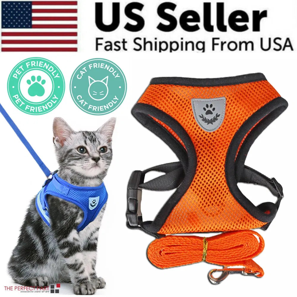 Adjustable Reflective Pet Vest Harness & Leash Set, Breathable Safety Control Vest for Cats & Small Dogs, S M L XL