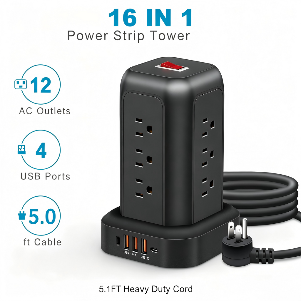 Power Strip Tower Surge Protector,16‑in‑1,12 AC Outlets,4 USB Ports(1 USB‑C),5.1FT Heavy‑Duty Cord,Overload Protection for Home Office