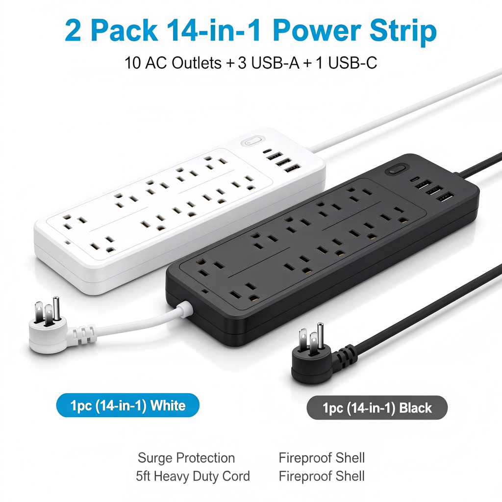 6 FT Surge Protector Power Strip, 10 Outlets 4 USB Ports(1 USB‑C), 14‑in‑1 Long Extension Cord, Flat Plug, 1700J, 1625W/13A, White