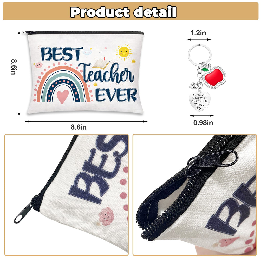 Teacher Ever Cosmetic Bag & Apple Keychain Set, Waterproof PU Zipper Pouch, Teacher Appreciation Gift