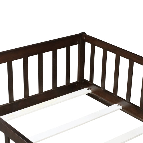 AEELLEEA Twin Size Montessori Floor Bed with Guardrails, Wooden Kids Bed Frame with Slats and Low Entry, Dark Brown