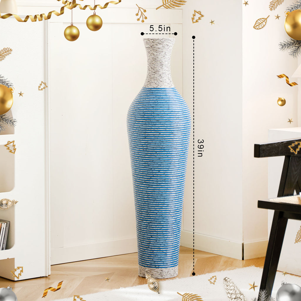 AEELLEEA Blue White Striped Woven Floor Vase, 39"H x 5.5" Opening, Tall Decor Dry Vase for Pampas Grass, Living Room Entryway Home Decor