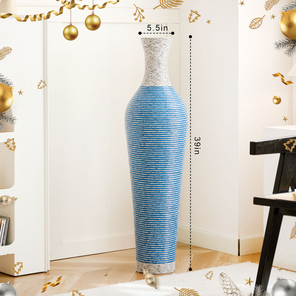 AEELLEEA Blue White Striped Woven Floor Vase, 39"H x 5.5" Opening, Tall Decor Dry Vase for Pampas Grass, Living Room Entryway Home Decor