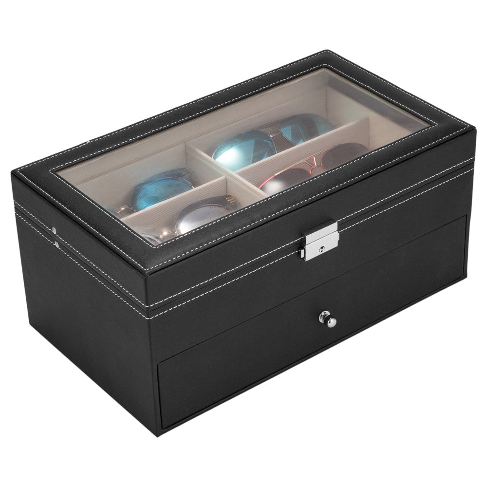 AEELLEEA-12 Piece Eyeglasses & Sunglasses Storage Organizer, Black Leather Display Drawer Case, Lockable Design, Collect & Display Multiple Glasses for Home, Shop Eyewear Collection