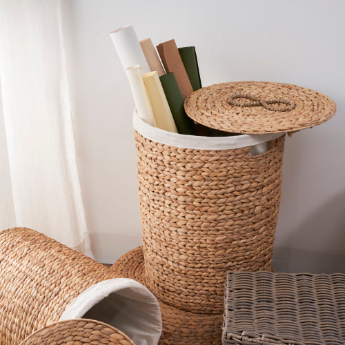 AEELLEEA 18 x 23 Inch Round Water Hyacinth Laundry Hamper with Lid & Removable Liner, Woven Storage Basket for Bedroom