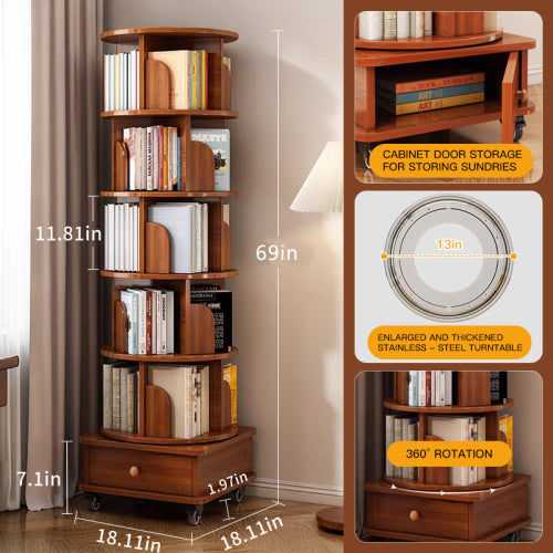 AEELLEEA 6-Tier 360° Rotating Bookshelf with Wheels & Storage Drawer, Wood Corner Bookcase Organizer for Bedroom Living Room Study, Walnut Brown
