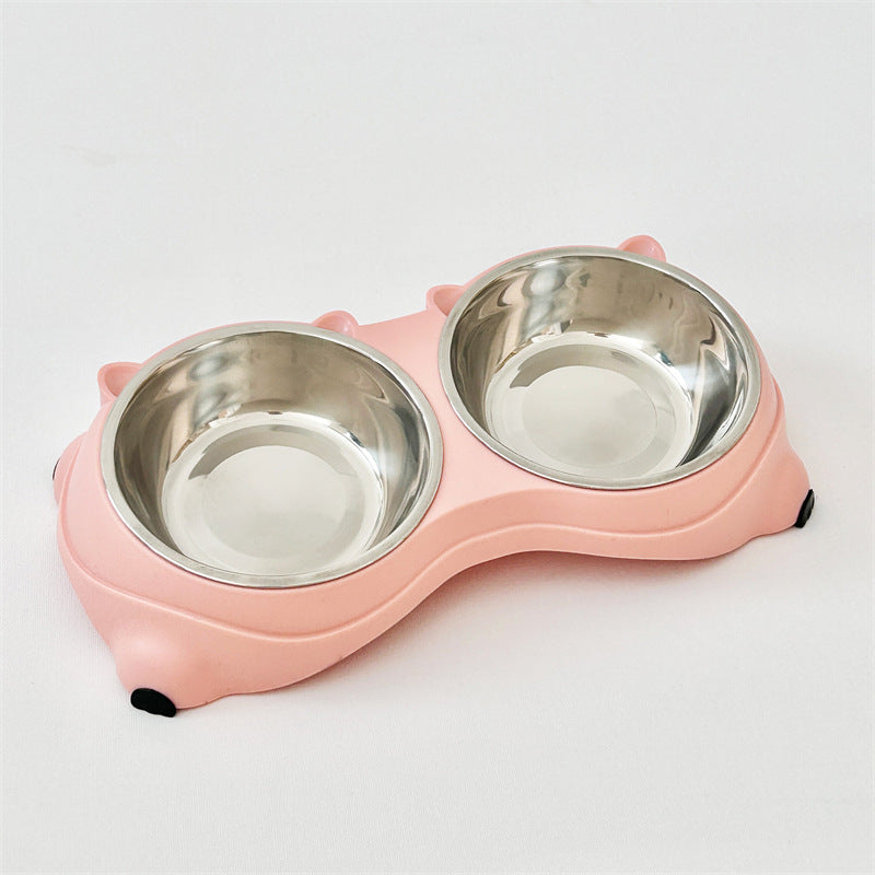 Stainless Steel Double Pet Bowl with Non-Slip Base, 15° Ergonomic Tilt, Food & Water Bowls for Cats and Small Dogs, White Bear