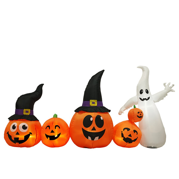 8FT Inflatable Halloween Yard Decor, Row of Hats Pumpkins & White Ghost with 5 LED Lights, Festive Outdoor Prop for Trick or Treat Season