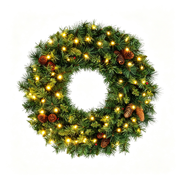 AEELLEEA 24" Pre-Lit Christmas Wreath with 50 Warm White LED Lights, Pine Cones, Timer, Indoor Outdoor Holiday Decor