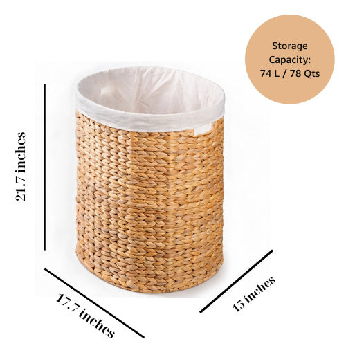 AEELLEEA 17.7 x 15 x 21.7 Inch Woven Water Hyacinth Laundry Basket, Oval Storage Hamper with Removable Liner & Built-in Handles for Bedroom, Nursery