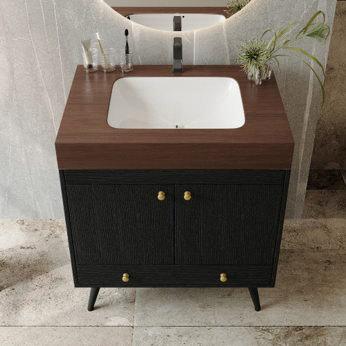 Modern Freestanding Bathroom Vanity with Sink, Black Walnut 2-Door Storage Cabinet with Drawer and Wood Top, Lavatory Console for Bathroom