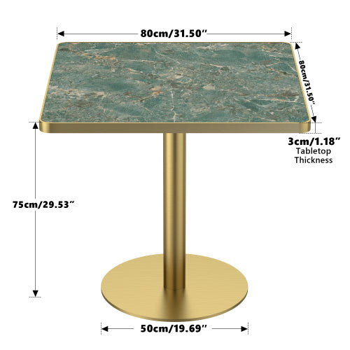 AEELLEEA 31.5-Inch Square Dining Table, Green Marble-Look Top with Gold Metal Pedestal Base, Modern Kitchen Table