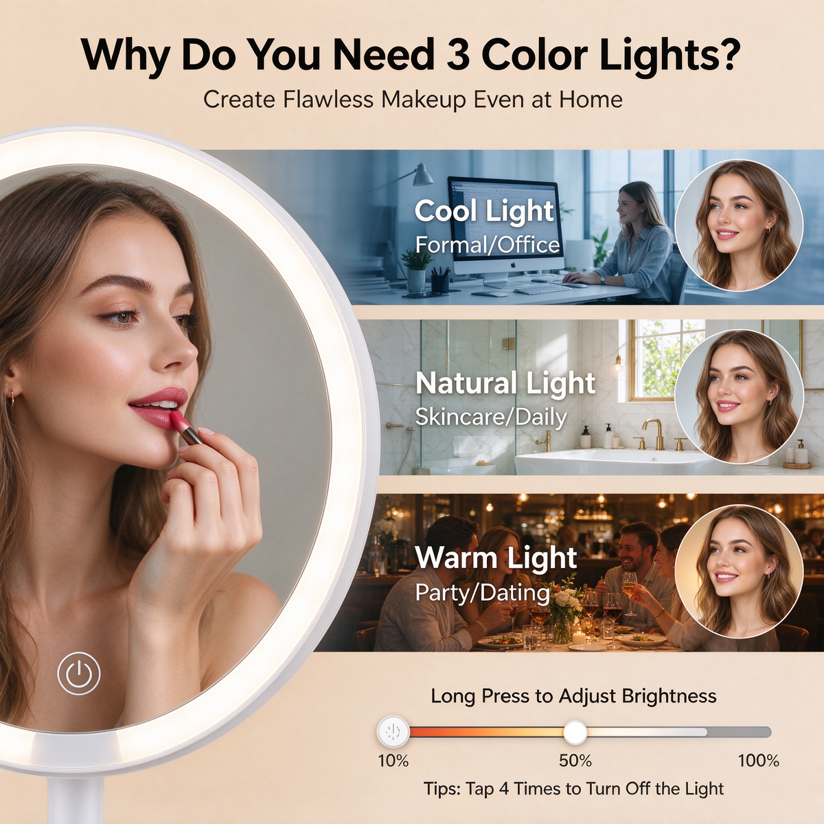 AEELLEEA Lighted Makeup Mirror, 1X/30X Double Sided Vanity Mirror, 3 Color Lights, Foldable 360° Rotatable Tabletop Mirror, Black