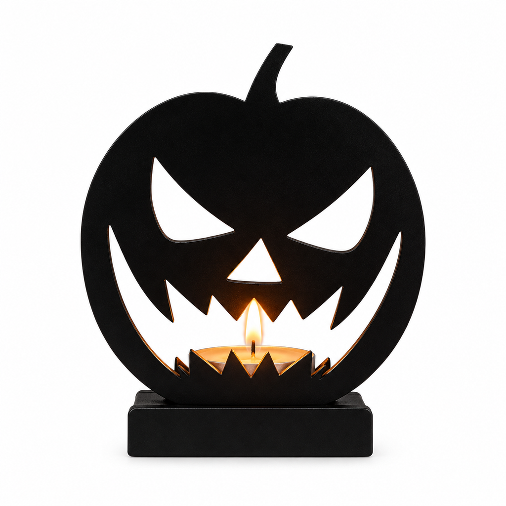 Black Metal Halloween Jack O Lantern Candle Holder, Spooky Pumpkin Tealight Holder with Stable Base, Tabletop Decor for Fireplace Porch Party Indoor Outdoor
