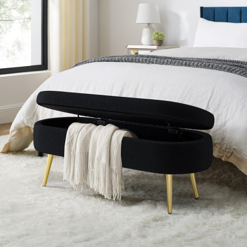 AEELLEEA 43 Inch Oval Storage Ottoman Bench, Black Textured Fabric Bench with Gold Metal Legs for Bedroom Entryway