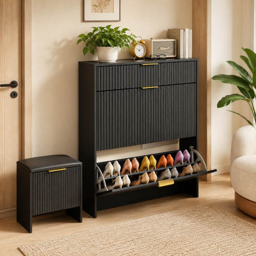 AEELLEEA Fluted Black Shoe Storage Cabinet Set with Padded Shoe Bench, Flip Drawer Narrow Shoe Organizer for Entryway