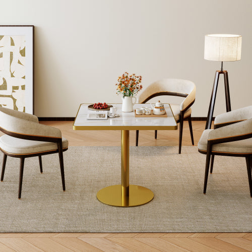 AEELLEEA 31.5-Inch Square Dining Table, White Marble-Look Top with Gold Metal Pedestal Base, Modern Kitchen Table