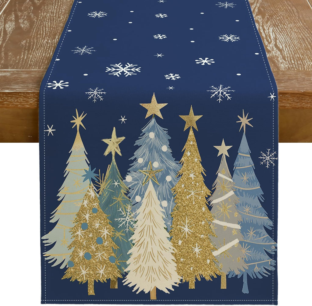 AEELLEEA Christmas Table Runner, Navy Blue Xmas Tree Snowflake Print 13x72 Inch Faux Linen Polyester Table Runner for Holiday Dining Table Home Christmas Decor