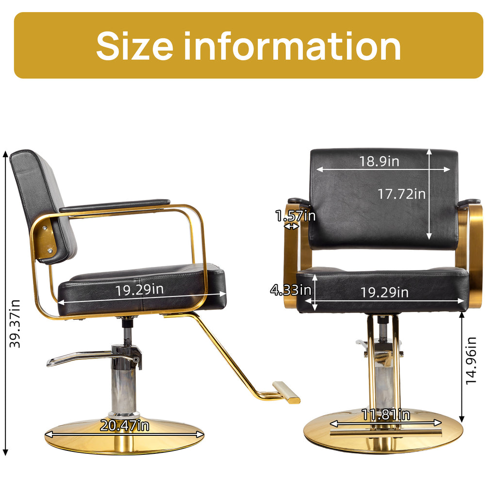 AEELLEEA 39.37" Salon Barber Chair, Black PU Leather Gold Frame, Hydraulic Adjustable Styling Chair for Hair Salon