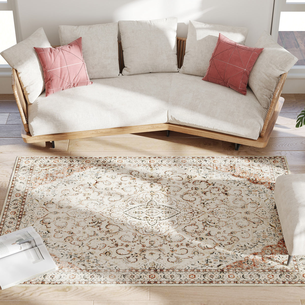 6'x4' Vintage Floral Area Rug, Machine Washable Non Slip Thin Rug with TPR Backing, Stitched Edge Distressed Carpet for Living Room Bedroom