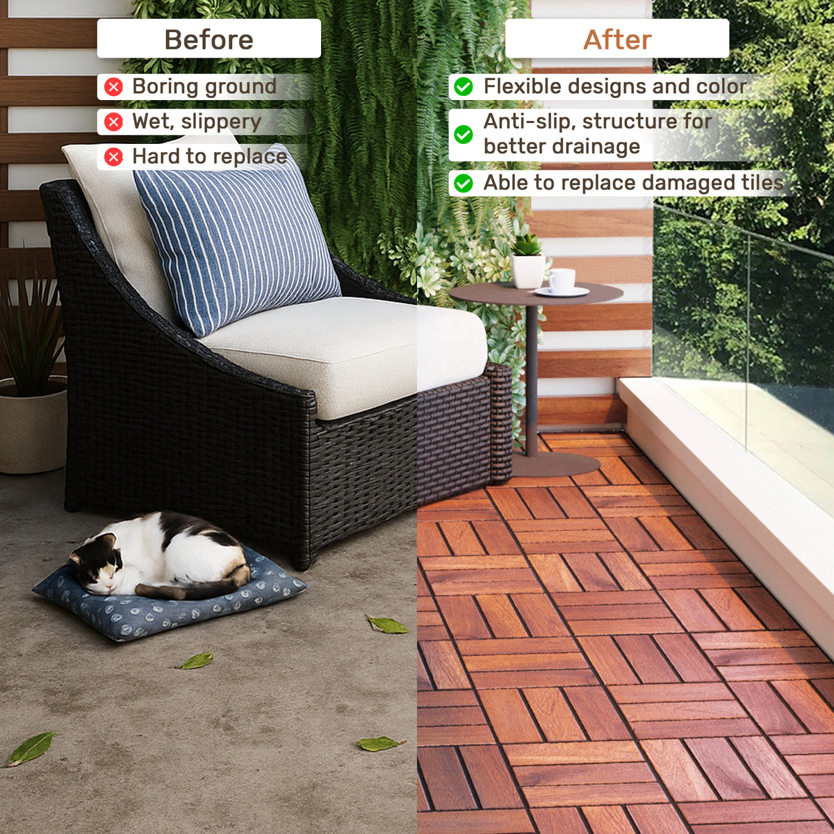 AEELLEEA Acacia Wood Interlocking Deck Tiles, 20 Pack 12"×12" Waterproof Checker Patio Flooring Tiles for Balcony Poolside